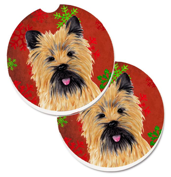 Caroline's Treasures Cairn Terrier Red & green Snowflakes Holiday Christmas Set of 2 Cup Holder Car Coasters SC9415CARC, 2.56, Multicolor