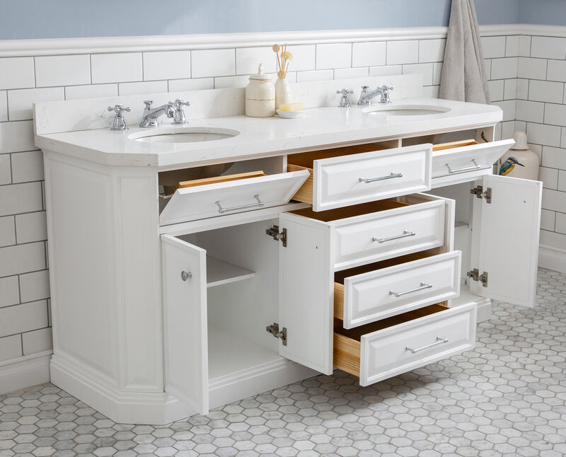 Palace 72 In. Double Sink Carrara Quartz Countertop Bath Vanity in Pure White with Chrome Hardware