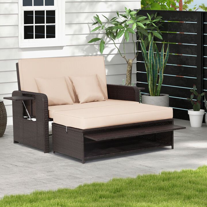Mondawe Patio Rattan Daybed with 4-Level Adjustable Backrest and Retractable Side Tray