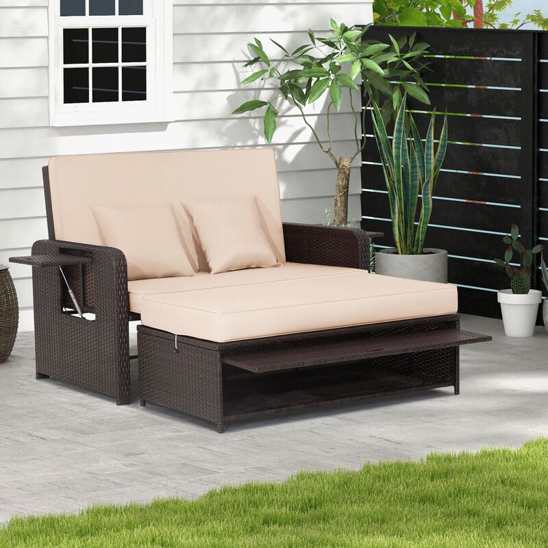 Mondawe Patio Rattan Daybed with 4-Level Adjustable Backrest and Retractable Side Tray