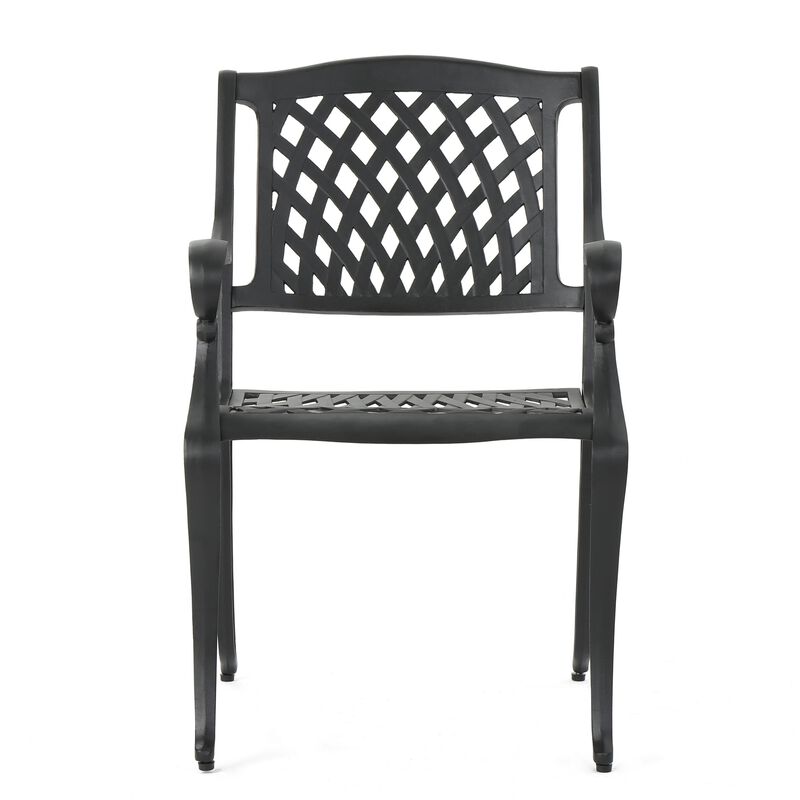 Cay Outdoor Dining Chair Set of 2, Mesh Style Back, Black Cast Aluminium - Benzara