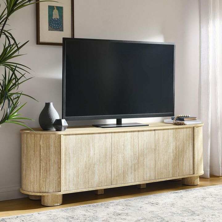Modway Overture 63 Inch Oval TV Stand w/Storage in Travertine - Media Console w/ 3 Doors for TVs up to 70 in. - Entertainment Cabinet w/Curved Profile - LargeMid Century Modern Under TV Table