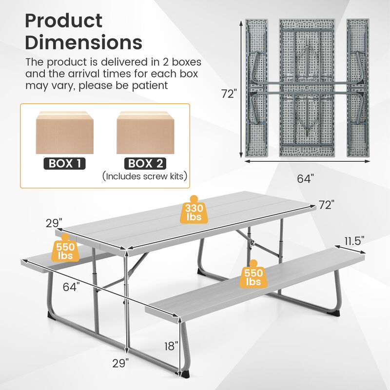 Folding Picnic Table Set with Metal Frame, All-Weather HDPE Tabletop, and Umbrella Hole