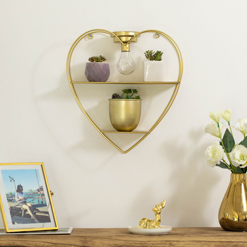 Vintiquewise Heart-Shaped 2-Tier Floating Metal Wall Shelf with Overhead Light Bulb &ndash; Decorative Wall-Mounted Shelf for Bedroom, Living Room, Hallway, Bathroom, or Entryway Decor, Gold Finish