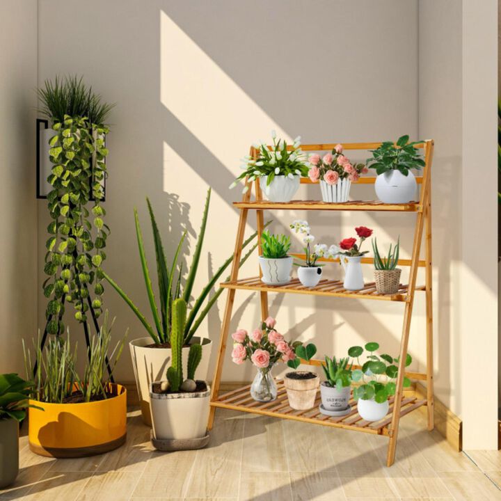 Hivvago 3-Tier Bamboo Foldable Plant Stand with Display Shelf Rack-Natural