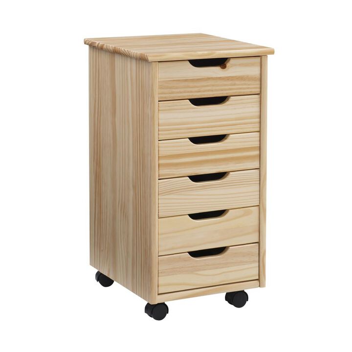 Linon Cary Six Drawer Rolling Storage Cart, Natural