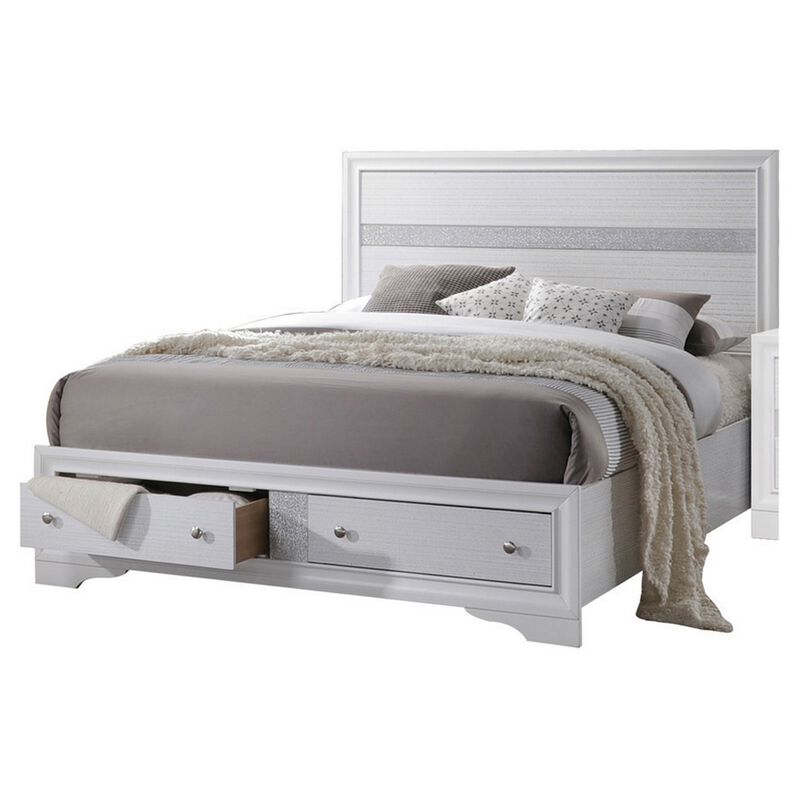 2 Drawer Wooden Eastern King Size Bed with Panel Headboard, White