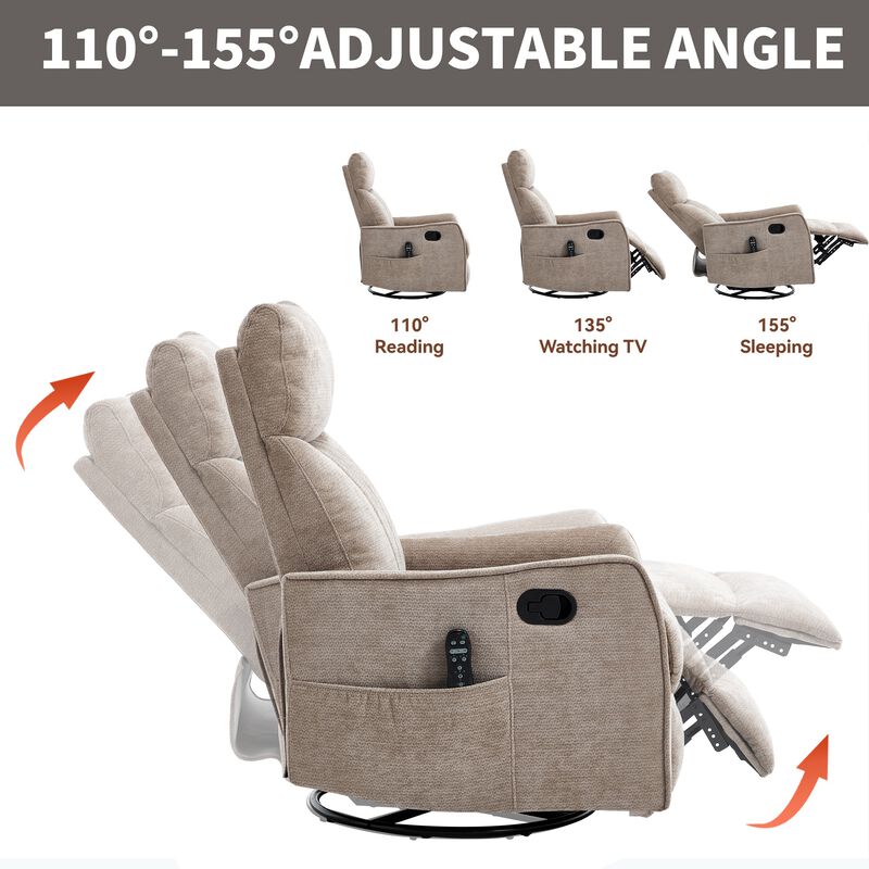 360&deg; Swivel Rocker Manual Recliner Chair with Heat and Massage, Upholstered Chenille Reclining Chair for Living Room image number 5