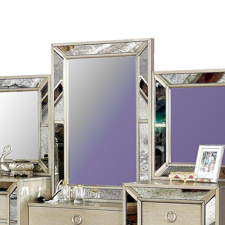 Wooden Vanity Set with Antique Mirror Details and Storage Drawers, Silver-Benzara