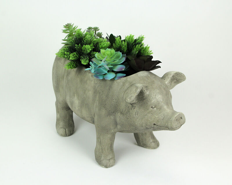 17 Inch Long Weathered Gray Finish Smiling Pig Planter image number 1