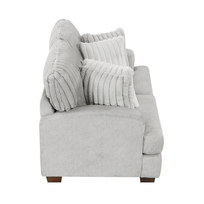 Witz Loveseat, 70 Inch, 4 Pillows, Ribbed Texture Light Gray Corduroy - Benzara