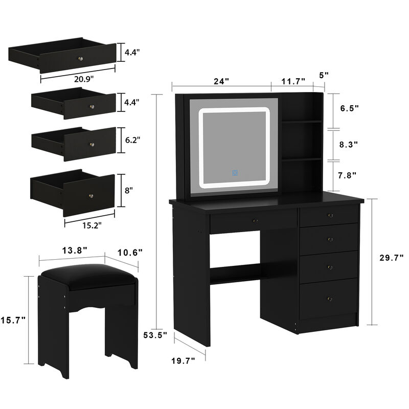 5-Drawers Black Wood LED Push-Pull Mirror Makeup Vanity Sets Dressing Table Sets with Stool and 3-Tier Storage Shelves