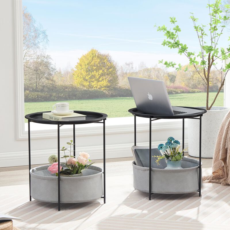 VECELO Round Side/End Table with Fabric Storage Basket