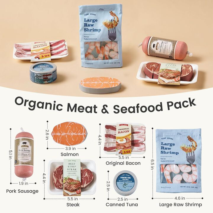 Wooden Play Food for Kids Kitchen, Pretend Food Meat Set Toy - 6Pcs Seafood & Meat Set for Kid, Play Kitchen Accessories, Montessori Toy