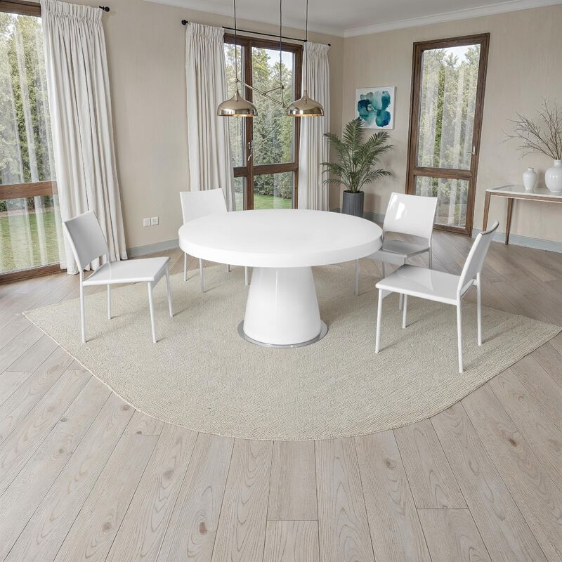 John Dining Table, 53 Inch Round Top, Modern Cone Base, White, Steel - Benzara