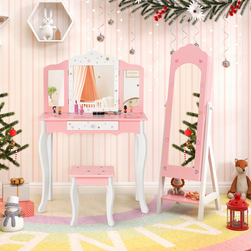 2 Pieces Kids Vanity Set and Jewelry Armoire Cabinet with Full-length Mirror