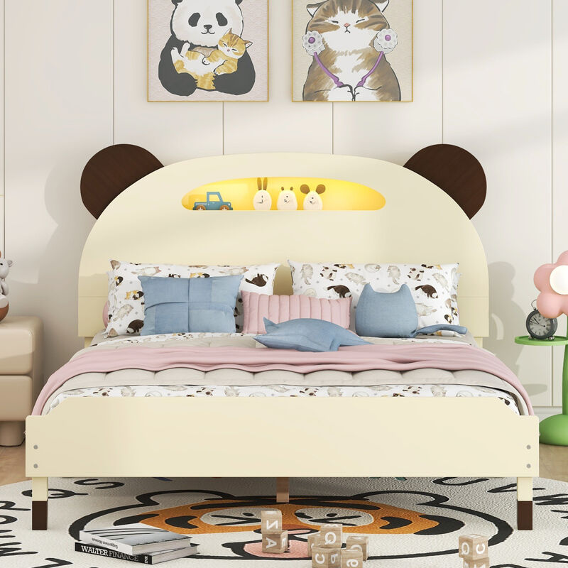Full Size Wood Platform Bed with Bear-shaped Headboard, Bed with Motion Activated Night Lights, Cream+Walnut