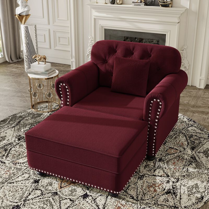 Sasgob Velvet Mid-Century Modern Chesterfield Accent Chair with Ottoman image number 1