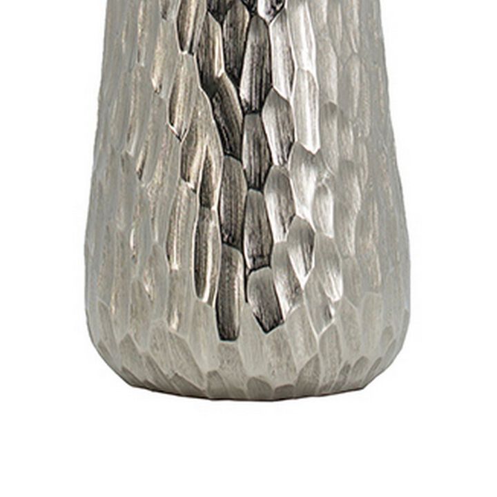 19 Inch Contemporary Tall Oblong Vase, Silver Aluminum, Hammered Texture - Benzara