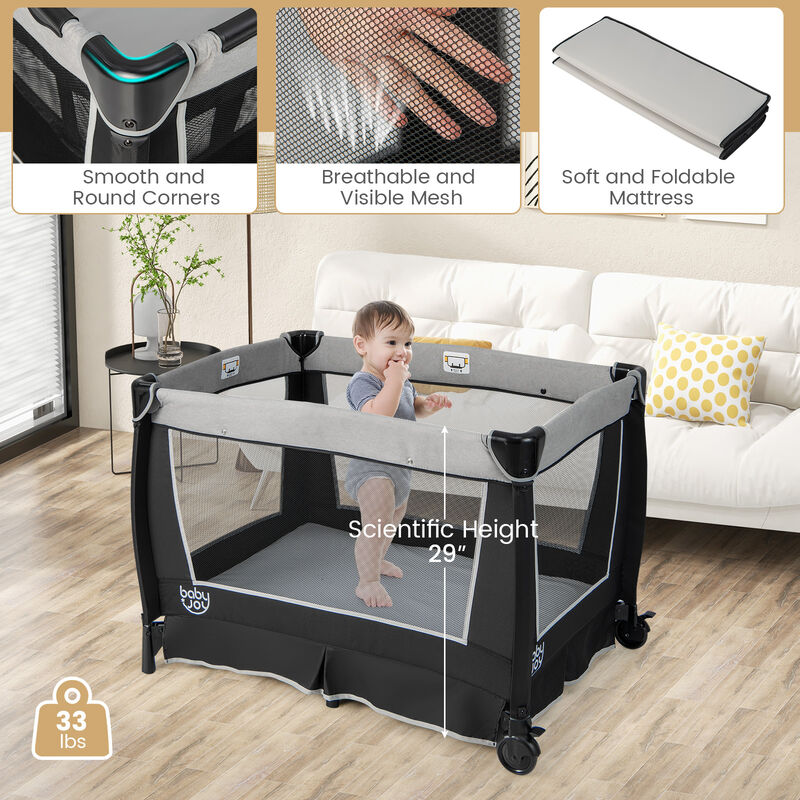 4-in-1 Convertible Portable Baby Play yard with Toys and Music Player