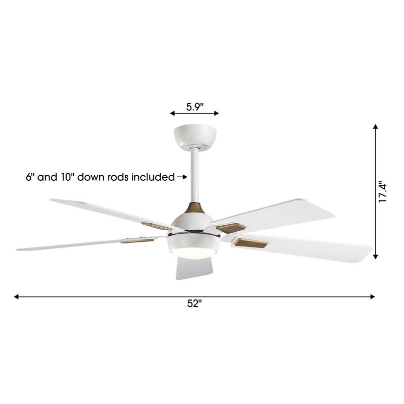 52" Modern Matte White Reversible Dimmable Smart Ceiling Fan with Light, APP Control and Remote image number 5
