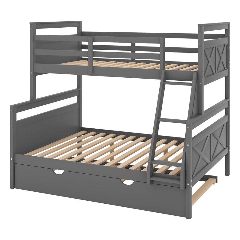 Twin Over Full Bunk Bed With Ladder, Twin Size Trundle, Safety Guardrail