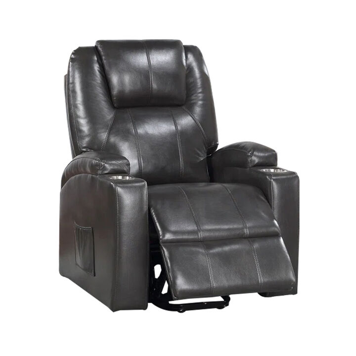 Evans 37 Inch Recliner Chair, Power Lift, Cupholders, Gray Faux Leather - Benzara