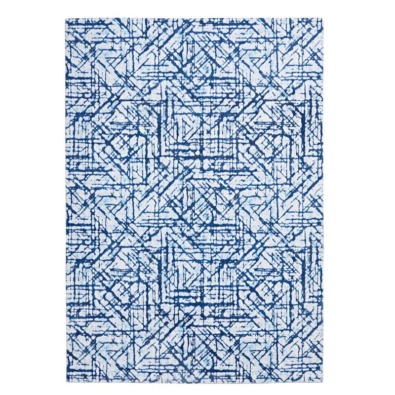 Linon Motif Printed Faux Rabbit Ingrain Blue White, Rug