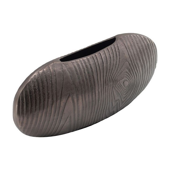 18 Inch Slim Oval Disc Decorative Vase, Wood Texturing, Gray Aluminum  - Benzara