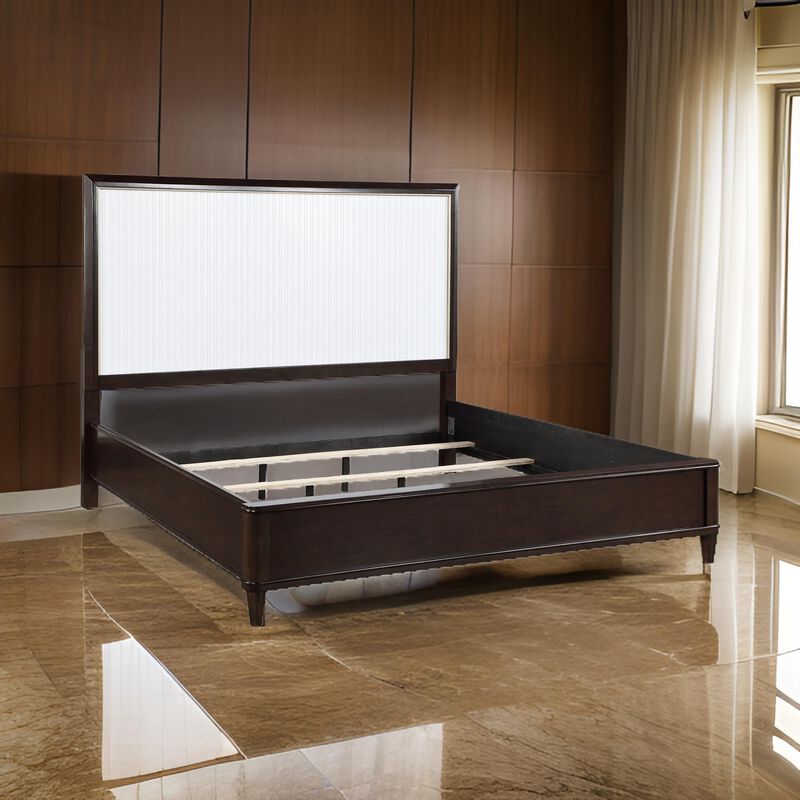 Shim Queen Size Bed with Tall Headboard, White and Cherry Brown Wood - Benzara