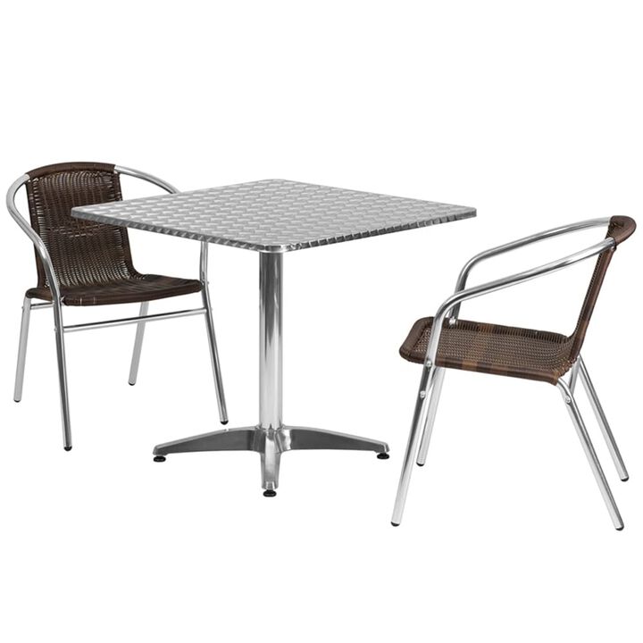 Flash Furniture Lila 31.5'' Square Aluminum Indoor-Outdoor Table Set with 2 Dark Brown Rattan Chairs