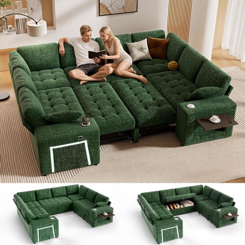 Vipbear 110" Modular Sectional Sleeper Sofa, 8-Seater Chenille U-Shaped Couch with Pull-Out Beds image number 2