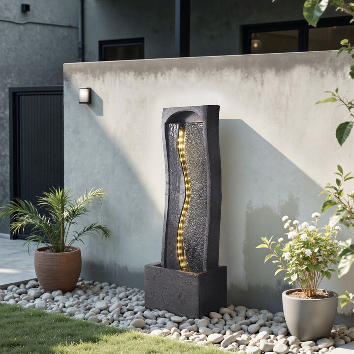 1-Tier Outdoor Water Fountain with LED Light, Rock Base Floor Design for Garden Patio