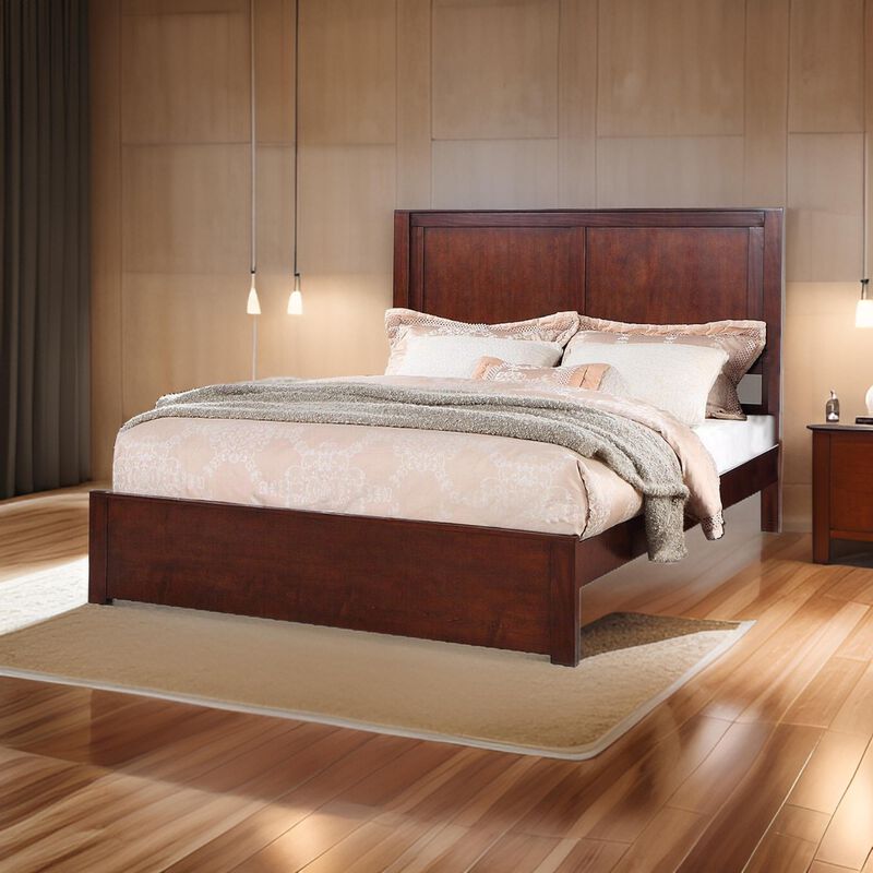 Kali Platform California King Bed, Rectangular Panel, Cherry Brown Wood - Benzara