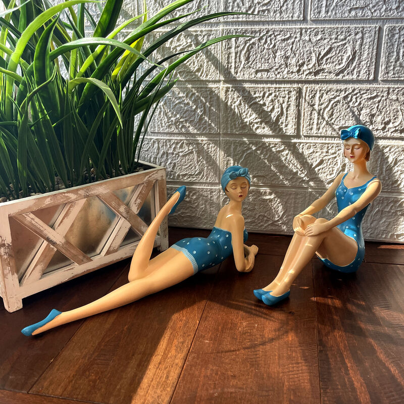 Set of 2 Beach Beauties Sunbathing Figurines Blue Polka Dot Coastal Decor image number 5
