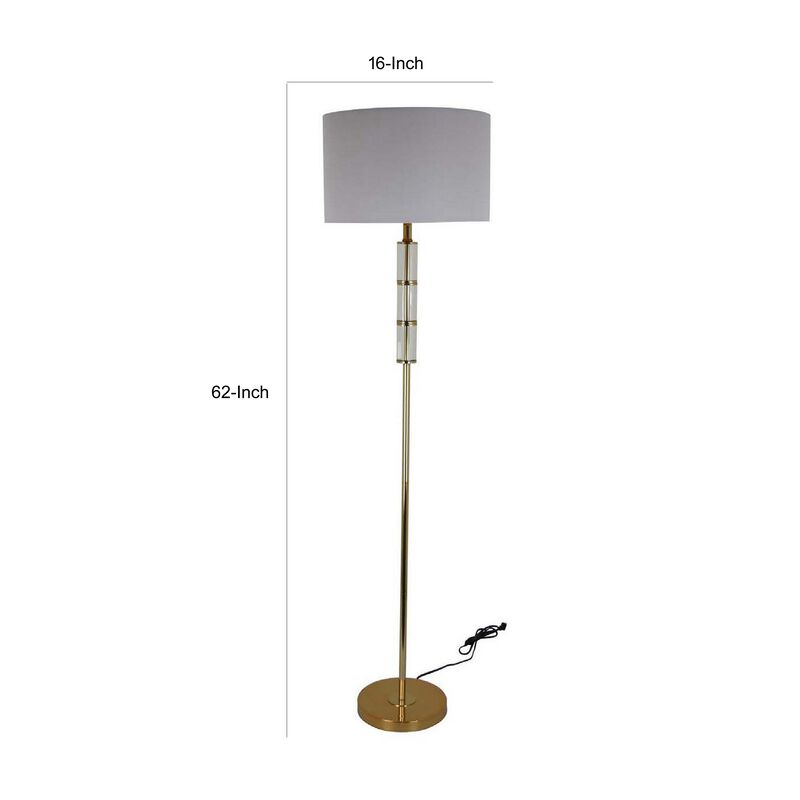 62 Inch Floor Lamp, White Drum Shade, Sleek Silhouette, Clear Glass Accents - Benzara