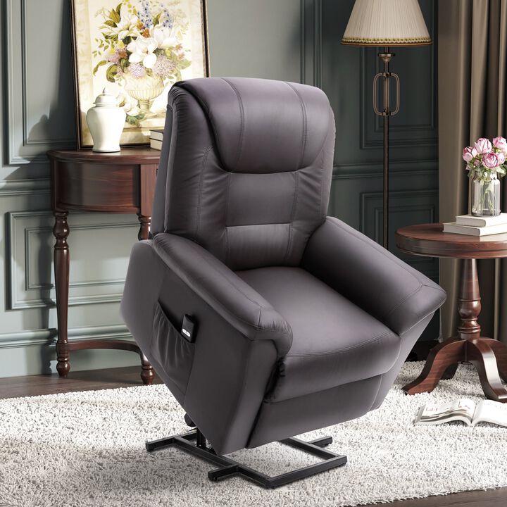 Electric Power Lift Chair, PU Leather Recliner Chair for Elderly with Remote Control and Side Pockets, Brown
