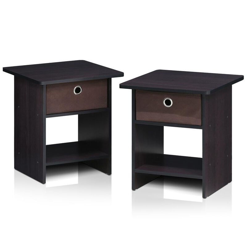 Furinno End Table/ Night Stand Storage Shelf with Bin Drawer, Dark Walnut, Set of two