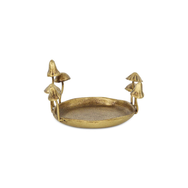 HomeRoots 6" Antiqued Gold Cast Iron Mushrooms Trinket Tray image number 3