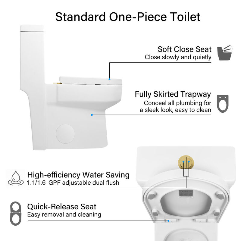 Bothwa Home 28.94" H Golden Flush Button 1.1/1.6 GPF Comfort Height Classic Water-Saving Super Quite Flushing Floor Mounted One-Piece Toilet, Soft Close image number 7