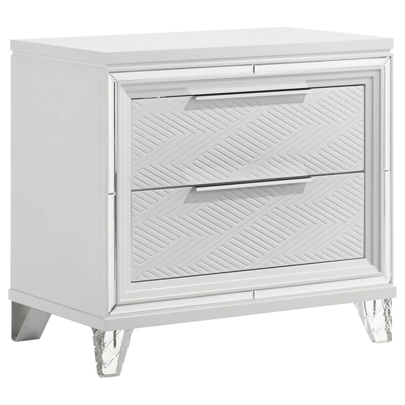 Mory Nightstand, 2 Drawers, Embossed Herringbone Pattern White, Chrome - Benzara