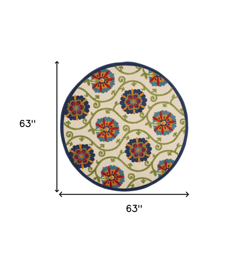 HomeRoots 5' Navy Blue Beige Green Blue And Red Round Floral Indoor Outdoor Area Rug image number 6