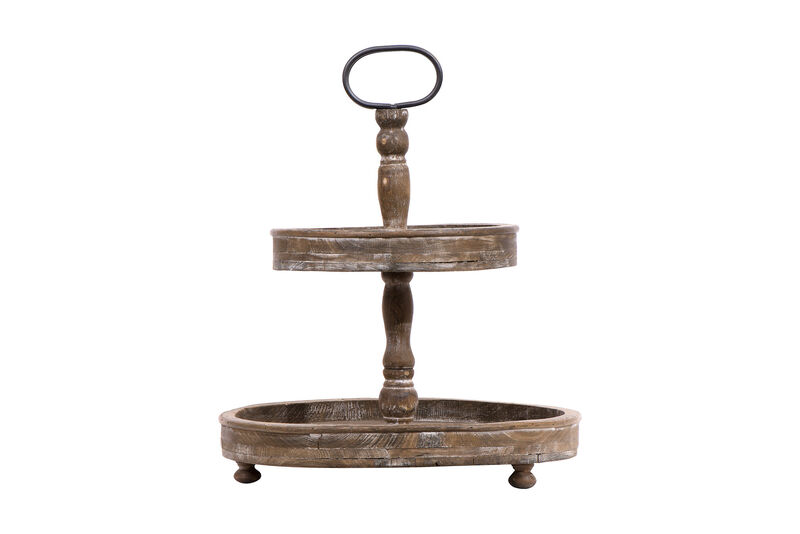 Decorative Wood 2‑Tier Tray Round Serving and Display Stand, Natural Finish image number 0