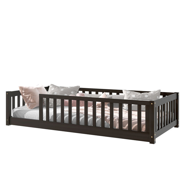 Whisen Twin Size Rubber Wood Floor Bed with Safety Guardrails, Fence Design