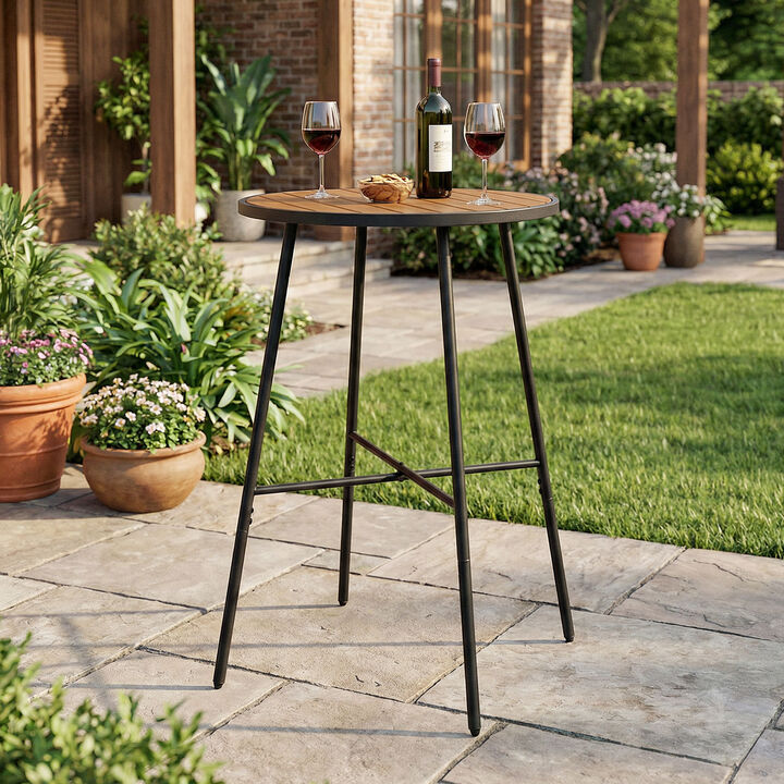 Patio Bar Height Round Table with Acacia Wood Top and Sturdy Metal Frame-Natural