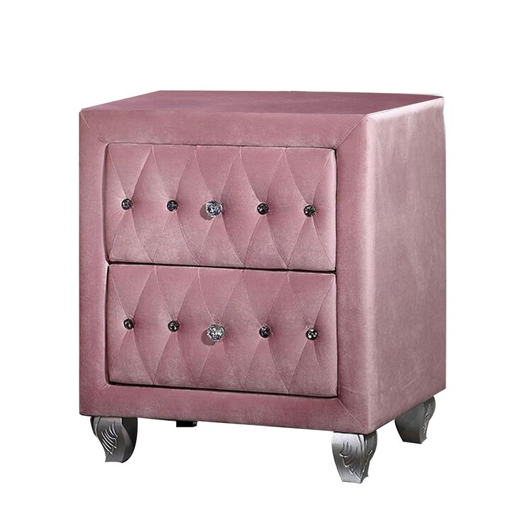 Benjara Zoha 26 Inch Nightstand, 2 Drawer, Cabriole Legs, Wood, Upholstery, Pink and Silver