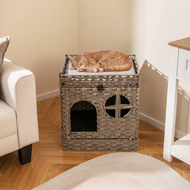 Rattan Cat Litter Box Enclosure, Foldable 2-Tier Design with Litter Mat-Grey