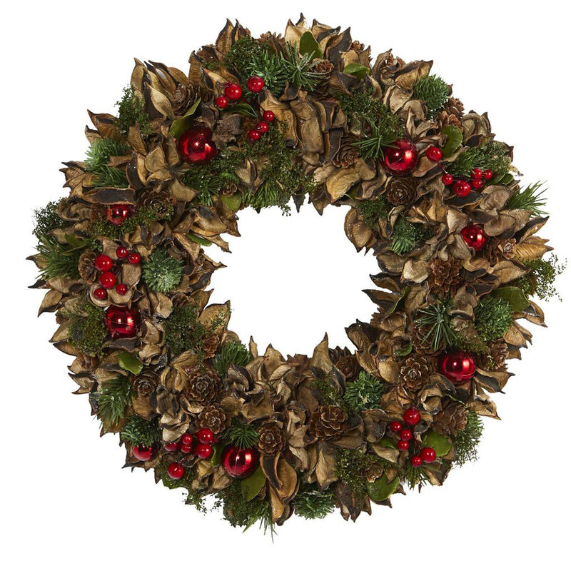 Nearly Natural 15-in Holiday Artificial Wreath with Pine Cones and Ornaments image number 2