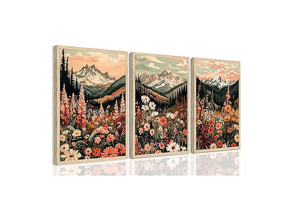 Colorful Landscape Boho Canvas Wall Art Set 3 Pack Wildflower Mountain Decor