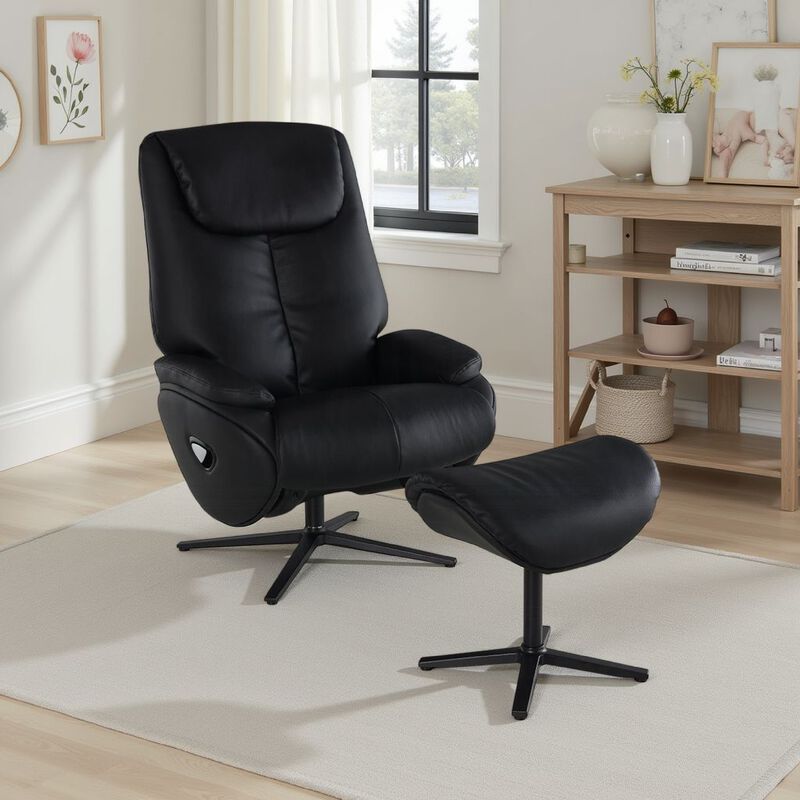Nita Swivel Accent Chair with Ottoman, Plush Black Top Grain Leather